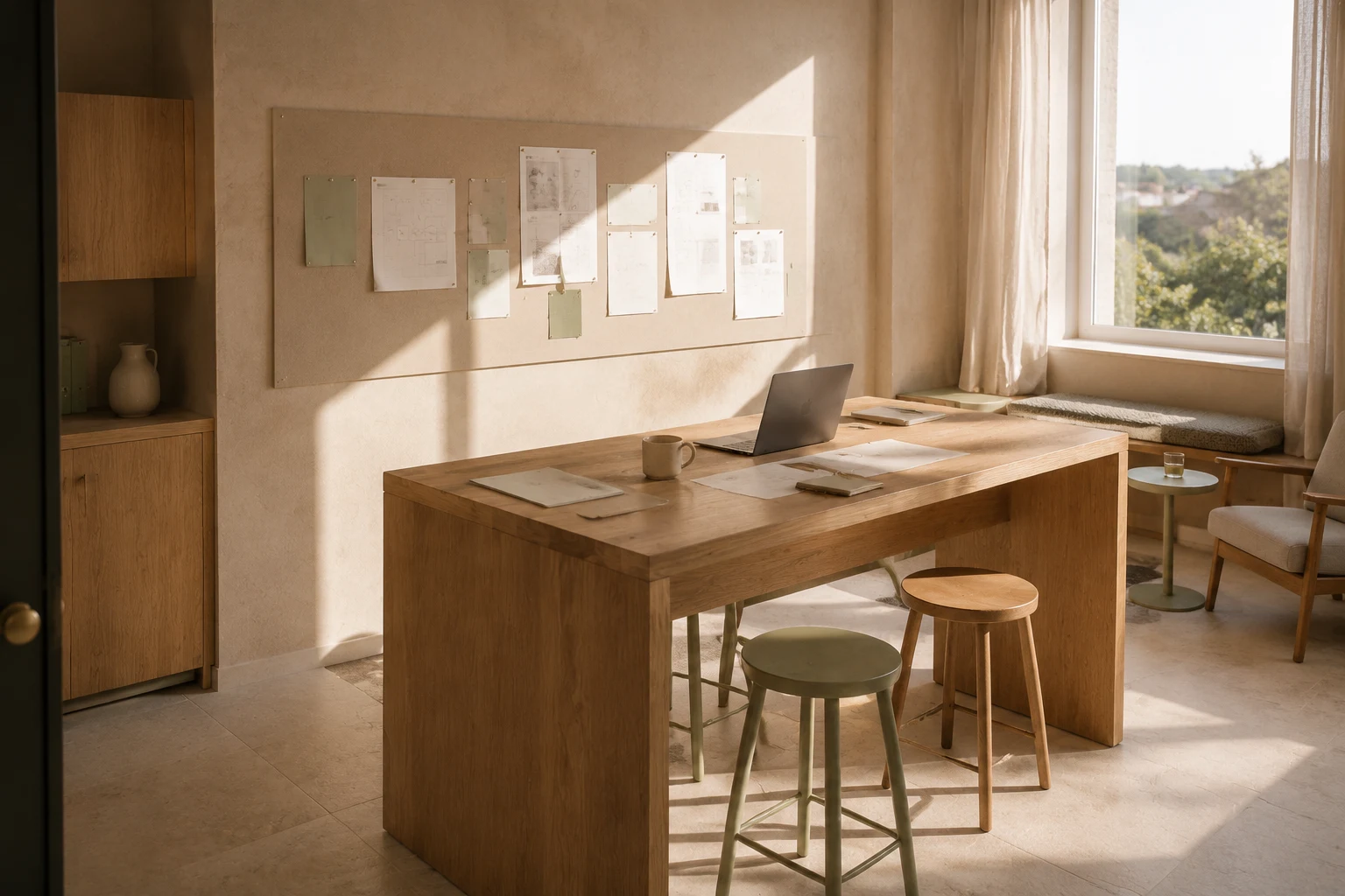 Illustration — bureau en bois, lumière naturelle et idées organisées au mur